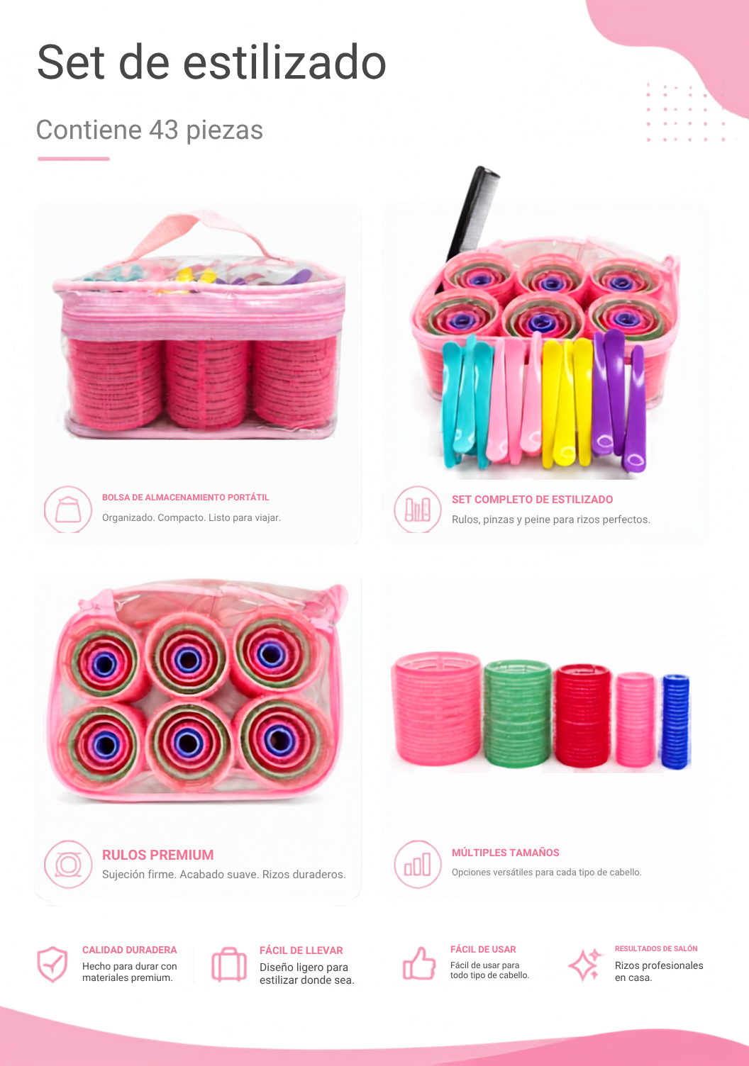 Kit De Rulos Para Cabello 43 Piezas Con Pinzas Y Peine